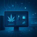 A digital representation of cannabis products on computer screens connected to a circuit board background, symbolizing o