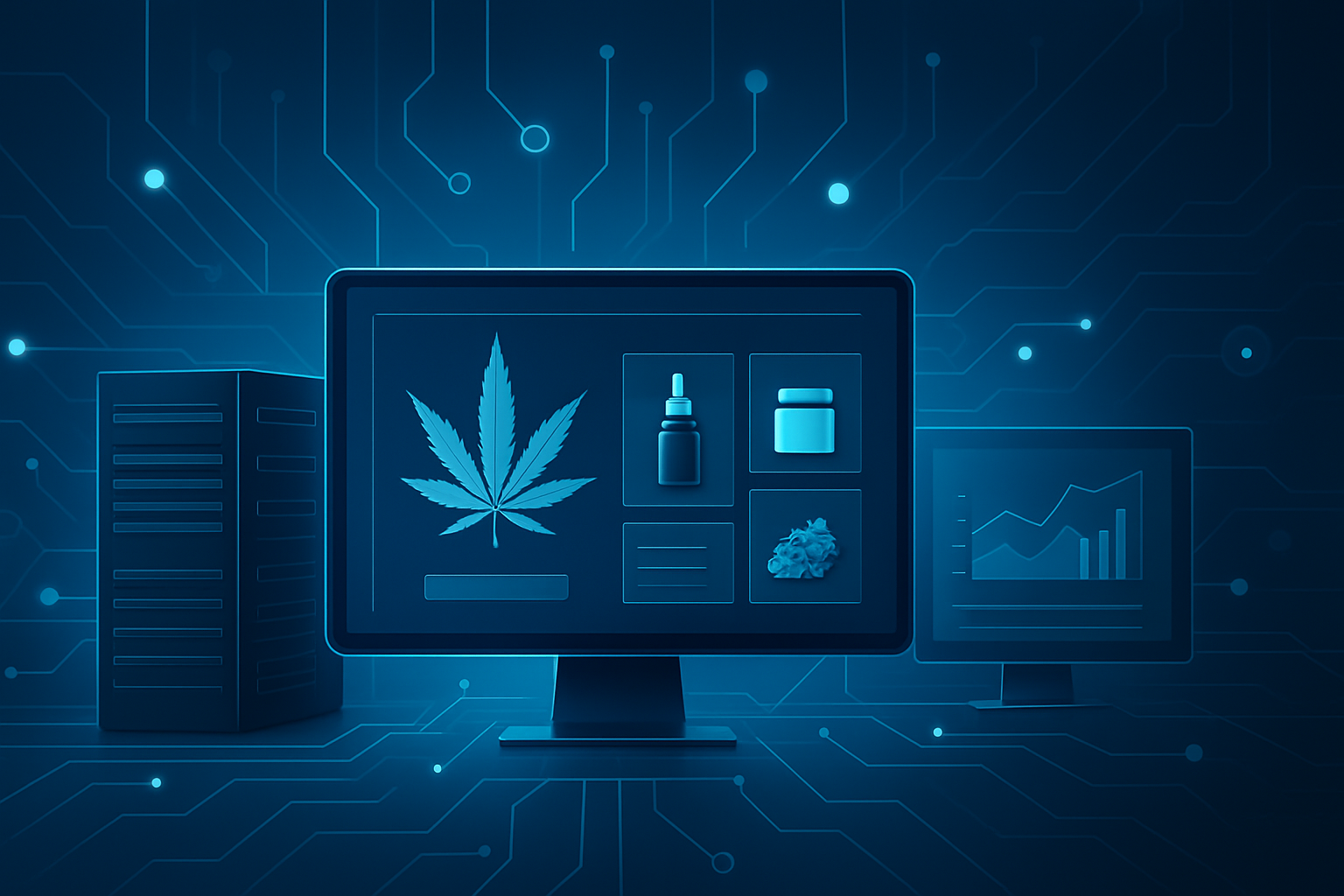 A digital representation of cannabis products on computer screens connected to a circuit board background, symbolizing o