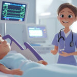 A cartoon nurse explaining to a child in a hospital bed, surrounded by medical equipment.