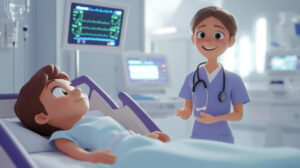A cartoon nurse explaining to a child in a hospital bed, surrounded by medical equipment.