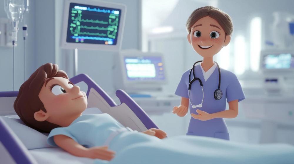A cartoon nurse explaining to a child in a hospital bed, surrounded by medical equipment.