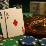 Close-up of playing cards, roulette wheel, and casino chips on a green felt table.