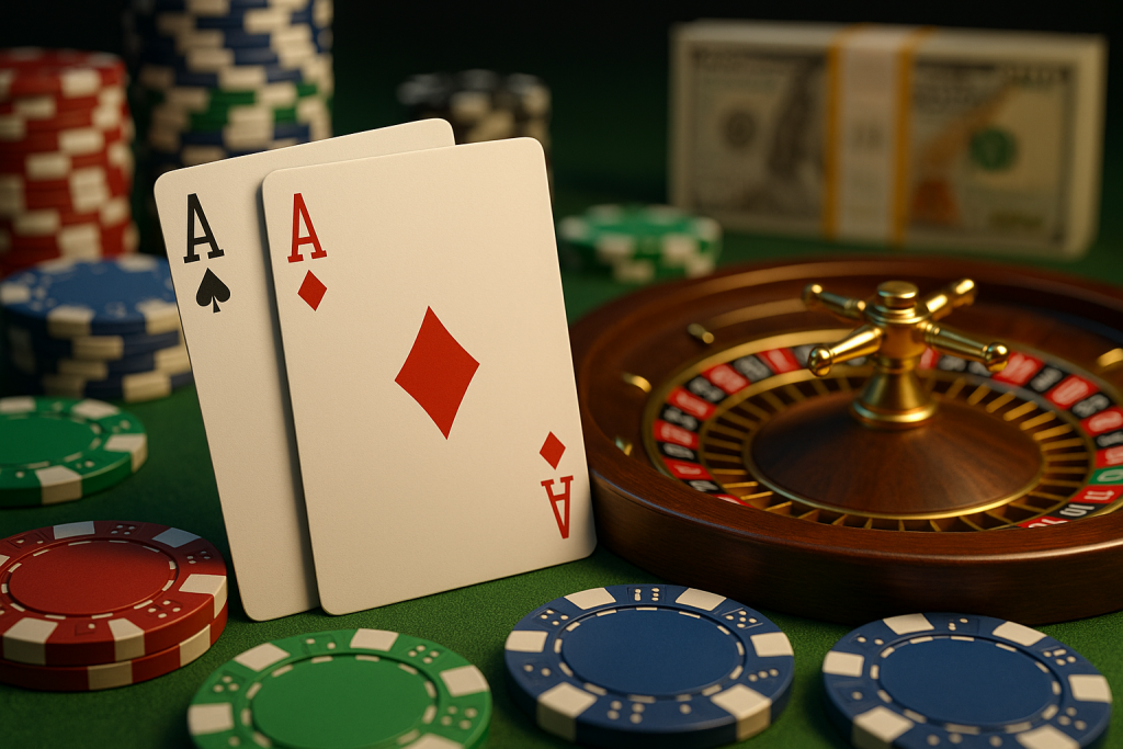 Close-up of playing cards, roulette wheel, and casino chips on a green felt table.